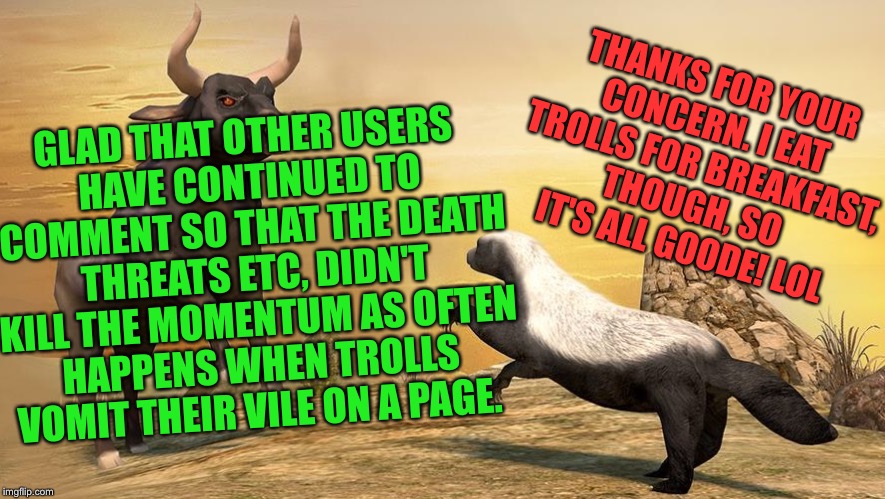 THANKS FOR YOUR CONCERN. I EAT TROLLS FOR BREAKFAST, THOUGH, SO IT'S ALL GOODE! LOL GLAD THAT OTHER USERS HAVE CONTINUED TO COMMENT SO THAT  | made w/ Imgflip meme maker