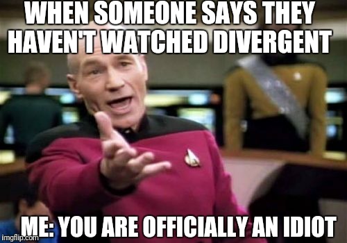 Picard Wtf | WHEN SOMEONE SAYS THEY HAVEN'T WATCHED DIVERGENT; ME: YOU ARE OFFICIALLY AN IDIOT | image tagged in memes,picard wtf | made w/ Imgflip meme maker