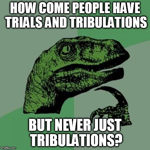 Philosoraptor Meme | HOW COME PEOPLE HAVE TRIALS AND TRIBULATIONS; BUT NEVER JUST TRIBULATIONS? | image tagged in memes,philosoraptor | made w/ Imgflip meme maker