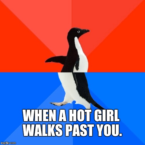 Socially Awesome Awkward Penguin Meme | WHEN A HOT GIRL WALKS PAST YOU. | image tagged in memes,socially awesome awkward penguin | made w/ Imgflip meme maker
