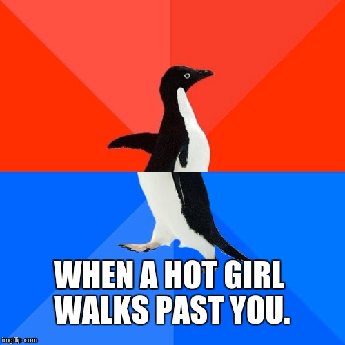 Socially Awesome Awkward Penguin | WHEN A HOT GIRL WALKS PAST YOU. | image tagged in memes,socially awesome awkward penguin | made w/ Imgflip meme maker