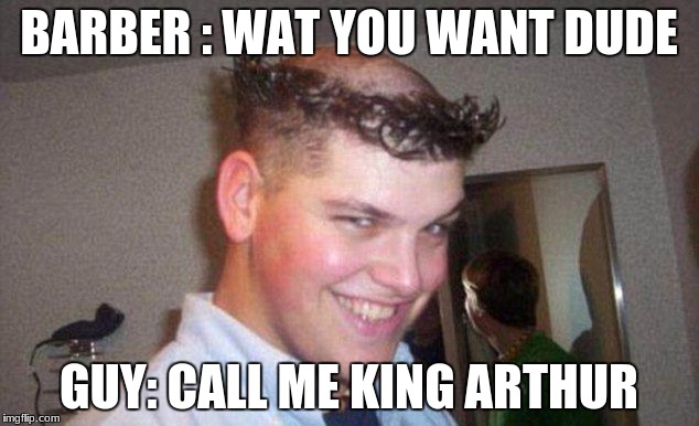 Barber | BARBER : WAT YOU WANT DUDE; GUY: CALL ME KING ARTHUR | image tagged in hair | made w/ Imgflip meme maker