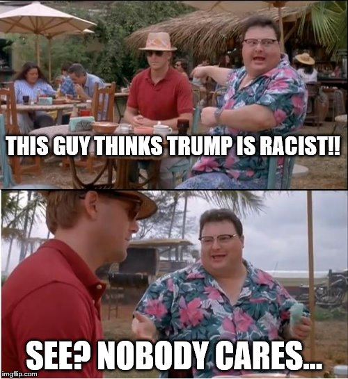 when celebrities get political |  THIS GUY THINKS TRUMP IS RACIST!! SEE? NOBODY CARES... | image tagged in memes,see nobody cares,politics,trump,celebrities | made w/ Imgflip meme maker