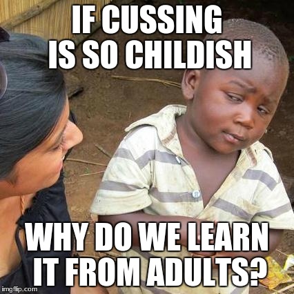 Third World Skeptical Kid | IF CUSSING IS SO CHILDISH; WHY DO WE LEARN IT FROM ADULTS? | image tagged in memes,third world skeptical kid | made w/ Imgflip meme maker