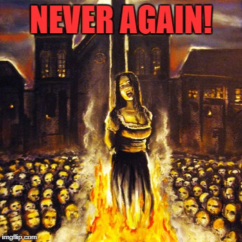 Never Again! | NEVER AGAIN! | image tagged in woman burned at stake,never again,dominionist mob | made w/ Imgflip meme maker