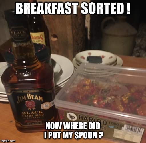 Nothing beats a healthy start to the day | BREAKFAST SORTED ! NOW WHERE DID I PUT MY SPOON ? | image tagged in memes,funny,food,health | made w/ Imgflip meme maker