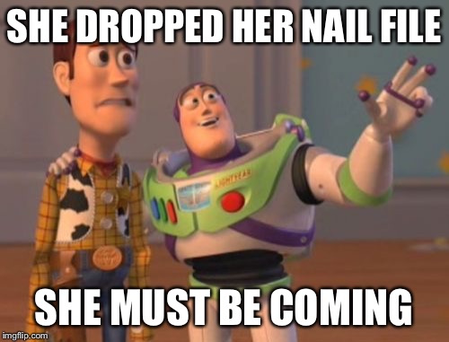 X, X Everywhere Meme | SHE DROPPED HER NAIL FILE SHE MUST BE COMING | image tagged in memes,x x everywhere | made w/ Imgflip meme maker