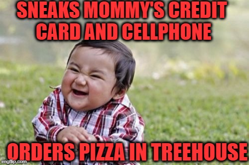 Evil Toddler Meme | SNEAKS MOMMY'S CREDIT CARD AND CELLPHONE ORDERS PIZZA IN TREEHOUSE | image tagged in memes,evil toddler | made w/ Imgflip meme maker