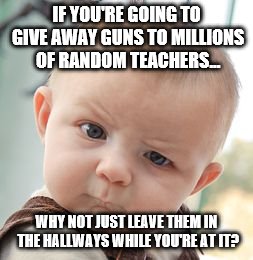 Skeptical Baby | IF YOU'RE GOING TO GIVE AWAY GUNS TO MILLIONS OF RANDOM TEACHERS... WHY NOT JUST LEAVE THEM IN THE HALLWAYS WHILE YOU'RE AT IT? | image tagged in memes,skeptical baby | made w/ Imgflip meme maker
