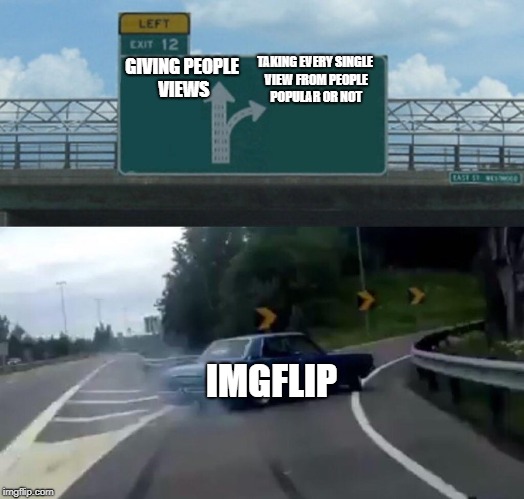 Left Exit 12 Off Ramp Meme | TAKING EVERY SINGLE VIEW FROM PEOPLE POPULAR OR NOT; GIVING PEOPLE VIEWS; IMGFLIP | image tagged in memes,left exit 12 off ramp | made w/ Imgflip meme maker