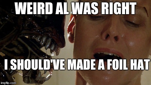 We all should listen to Weird Al! | WEIRD AL WAS RIGHT; I SHOULD'VE MADE A FOIL HAT | image tagged in aliens,foil hat,weird al yankovic,right,aliens vs predators,conspiracy theories | made w/ Imgflip meme maker