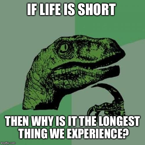 Philosoraptor Meme | IF LIFE IS SHORT THEN WHY IS IT THE LONGEST THING WE EXPERIENCE? | image tagged in memes,philosoraptor | made w/ Imgflip meme maker