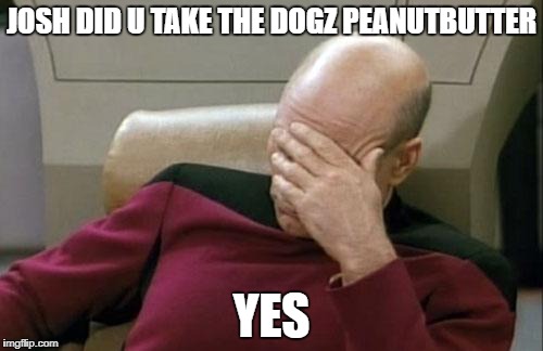 Captain Picard Facepalm Meme | JOSH DID U TAKE THE DOGZ PEANUTBUTTER; YES | image tagged in memes,captain picard facepalm | made w/ Imgflip meme maker