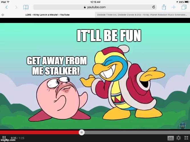 Kirby and dedede | IT'LL BE FUN; GET AWAY FROM ME STALKER! | image tagged in kirby and dedede | made w/ Imgflip meme maker