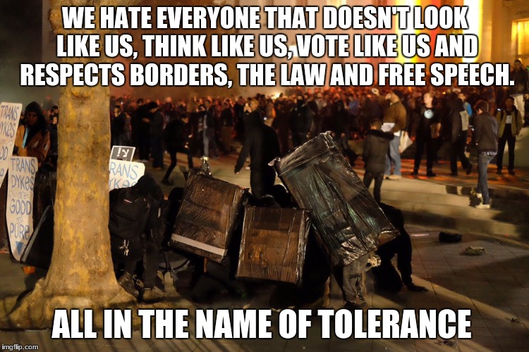 berkeley facists. | WE HATE EVERYONE THAT DOESN'T LOOK LIKE US, THINK LIKE US, VOTE LIKE US AND RESPECTS BORDERS, THE LAW AND FREE SPEECH. ALL IN THE NAME OF TOLERANCE | image tagged in berkeley facists | made w/ Imgflip meme maker