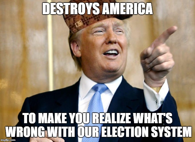 Feels more true.  | DESTROYS AMERICA TO MAKE YOU REALIZE WHAT'S WRONG WITH OUR ELECTION SYSTEM | image tagged in trump,destroy,america,election | made w/ Imgflip meme maker