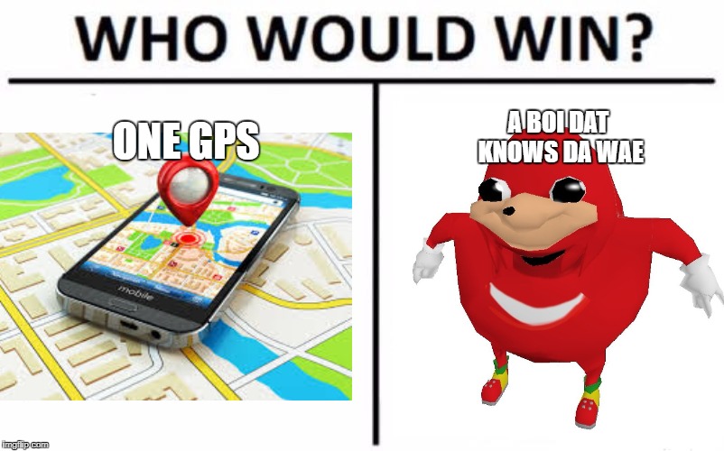 Who Would Win? | A BOI DAT KNOWS DA WAE; ONE GPS | image tagged in memes,who would win,ugandan knuckles | made w/ Imgflip meme maker