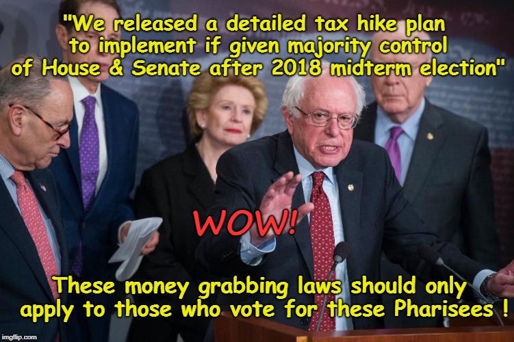 Dems Want To Raise Taxes After 2020 Election! | "We released a detailed tax hike plan to implement if given majority control of House & Senate after 2018 midterm election"; WOW! These money grabbing laws should only apply to those who vote for these Pharisees ! | image tagged in idiot dems,taxes | made w/ Imgflip meme maker