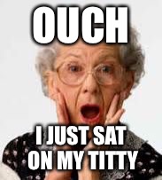 Surprised Old Lady | OUCH; I JUST SAT ON MY TITTY | image tagged in surprised old lady | made w/ Imgflip meme maker