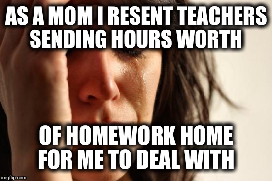 First World Problems Meme | AS A MOM I RESENT TEACHERS SENDING HOURS WORTH OF HOMEWORK HOME FOR ME TO DEAL WITH | image tagged in memes,first world problems | made w/ Imgflip meme maker