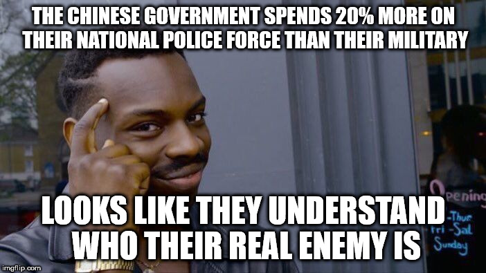Roll Safe Think About It Meme | THE CHINESE GOVERNMENT SPENDS 20% MORE ON THEIR NATIONAL POLICE FORCE THAN THEIR MILITARY; LOOKS LIKE THEY UNDERSTAND WHO THEIR REAL ENEMY IS | image tagged in memes,roll safe think about it | made w/ Imgflip meme maker