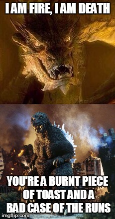I AM FIRE, I AM DEATH; YOU'RE A BURNT PIECE OF TOAST AND A BAD CASE OF THE RUNS | image tagged in smaug,godzilla | made w/ Imgflip meme maker
