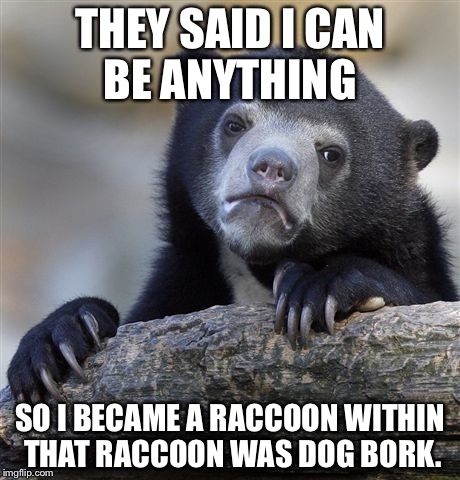 Confession Bear Meme | THEY SAID I CAN BE ANYTHING; SO I BECAME A RACCOON WITHIN THAT RACCOON WAS DOG BORK. | image tagged in memes,confession bear | made w/ Imgflip meme maker