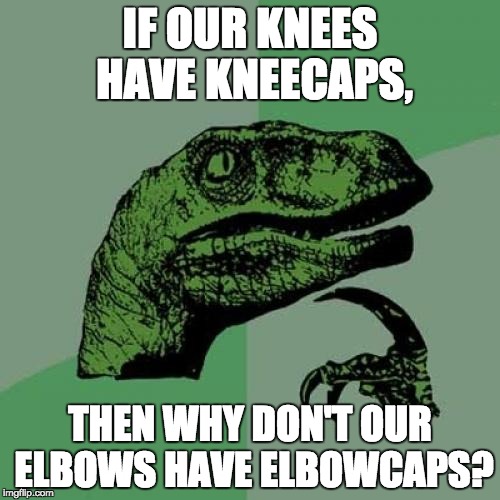 Philosoraptor Meme | IF OUR KNEES HAVE KNEECAPS, THEN WHY DON'T OUR ELBOWS HAVE ELBOWCAPS? | image tagged in memes,philosoraptor | made w/ Imgflip meme maker