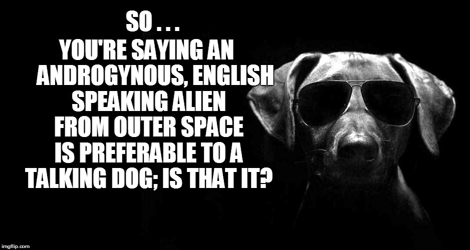 YOU'RE SAYING AN    ANDROGYNOUS, ENGLISH SPEAKING ALIEN FROM OUTER SPACE IS PREFERABLE TO A TALKING DOG; IS THAT IT? SO . . . | made w/ Imgflip meme maker