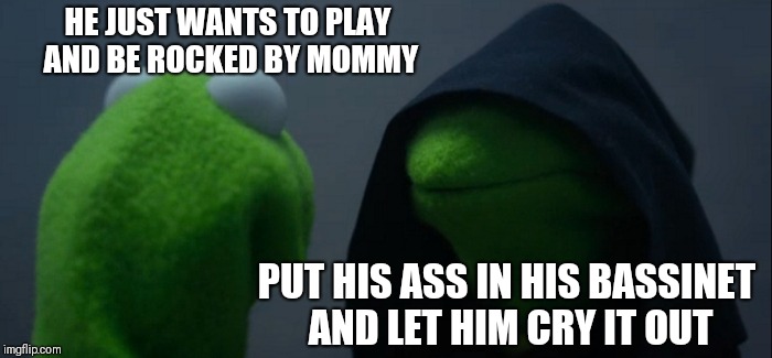 Evil Kermit | HE JUST WANTS TO PLAY AND BE ROCKED BY MOMMY; PUT HIS ASS IN HIS BASSINET AND LET HIM CRY IT OUT | image tagged in memes,evil kermit | made w/ Imgflip meme maker
