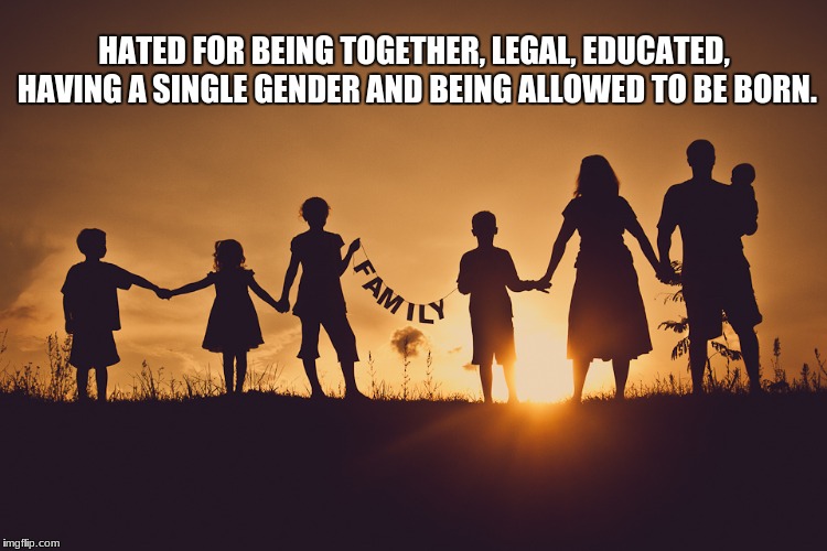 Family | HATED FOR BEING TOGETHER, LEGAL, EDUCATED, HAVING A SINGLE GENDER AND BEING ALLOWED TO BE BORN. | image tagged in family | made w/ Imgflip meme maker