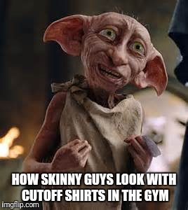 Dobby | HOW SKINNY GUYS LOOK WITH CUTOFF SHIRTS IN THE GYM | image tagged in dobby | made w/ Imgflip meme maker