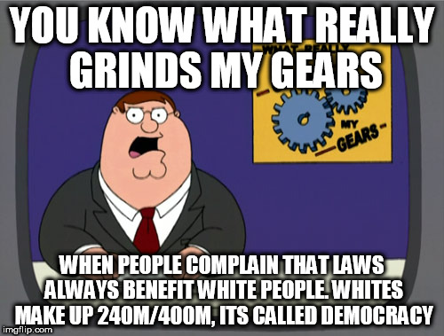 Peter Griffin News | YOU KNOW WHAT REALLY GRINDS MY GEARS; WHEN PEOPLE COMPLAIN THAT LAWS ALWAYS BENEFIT WHITE PEOPLE. WHITES MAKE UP 240M/400M, ITS CALLED DEMOCRACY | image tagged in memes,peter griffin news | made w/ Imgflip meme maker