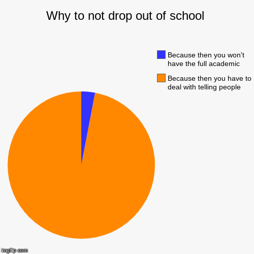 School | Why to not drop out of school | Because then you have to deal with telling people, Because then you won't have the full academic | image tagged in funny,pie charts,memes,kingdawesome,school | made w/ Imgflip chart maker