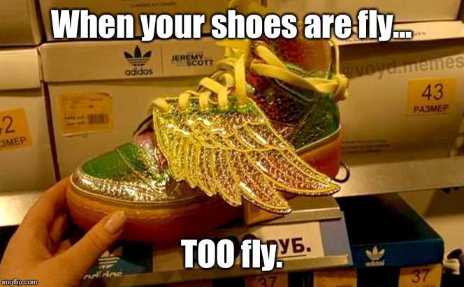 I Wouldn't Wear Them, But You're More Than Welcome To: | When your shoes are fly... TOO fly. | image tagged in memes,shoes,too much | made w/ Imgflip meme maker