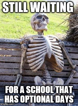 Waiting Skeleton | STILL WAITING; FOR A SCHOOL THAT HAS OPTIONAL DAYS | image tagged in memes,waiting skeleton | made w/ Imgflip meme maker