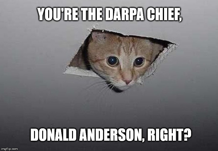 Ceiling Cat High-Res | YOU'RE THE DARPA CHIEF, DONALD ANDERSON, RIGHT? | image tagged in ceiling cat high-res | made w/ Imgflip meme maker