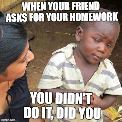 Third World Skeptical Kid | WHEN YOUR FRIEND ASKS FOR YOUR HOMEWORK; YOU DIDN'T DO IT, DID YOU | image tagged in memes,third world skeptical kid | made w/ Imgflip meme maker