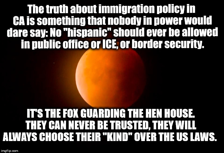 Immigration Truth | The truth about immigration policy in CA is something that nobody in power would dare say: No "hispanic" should ever be allowed in public office or ICE, or border security. IT'S THE FOX GUARDING THE HEN HOUSE. THEY CAN NEVER BE TRUSTED, THEY WILL ALWAYS CHOOSE THEIR "KIND" OVER THE US LAWS. | image tagged in ca,immigration,ice,border security,hispanics | made w/ Imgflip meme maker