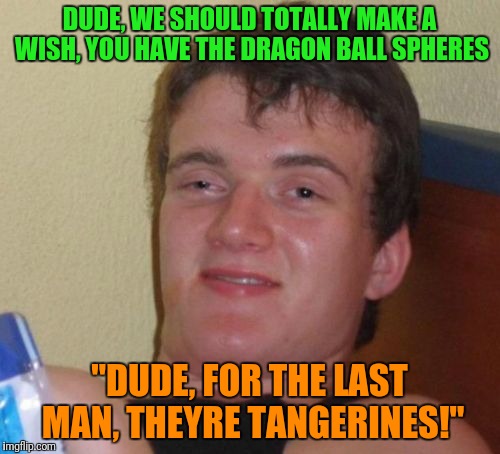 10 Guy Meme | DUDE, WE SHOULD TOTALLY MAKE A WISH, YOU HAVE THE DRAGON BALL SPHERES; "DUDE, FOR THE LAST MAN, THEYRE TANGERINES!" | image tagged in memes,10 guy | made w/ Imgflip meme maker