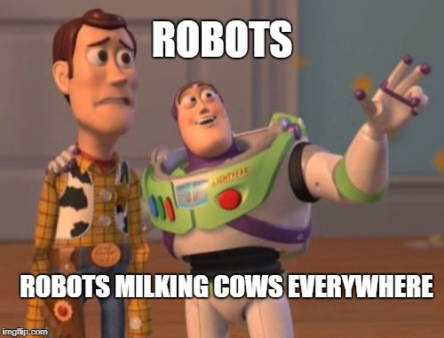 X, X Everywhere | ROBOTS; ROBOTS MILKING COWS EVERYWHERE | image tagged in memes,x x everywhere | made w/ Imgflip meme maker