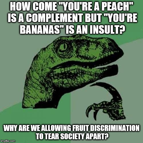 I'll say it now...
ALL FRUITS MATTER! | HOW COME "YOU'RE A PEACH" IS A COMPLEMENT BUT "YOU'RE BANANAS" IS AN INSULT? WHY ARE WE ALLOWING FRUIT DISCRIMINATION TO TEAR SOCIETY APART? | image tagged in memes,philosoraptor | made w/ Imgflip meme maker