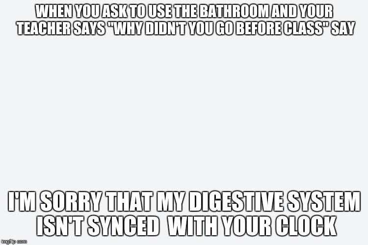 A backround | WHEN YOU ASK TO USE THE BATHROOM AND YOUR TEACHER SAYS "WHY DIDN'T YOU GO BEFORE CLASS" SAY; I'M SORRY THAT MY DIGESTIVE SYSTEM ISN'T SYNCED  WITH YOUR CLOCK | image tagged in a backround | made w/ Imgflip meme maker