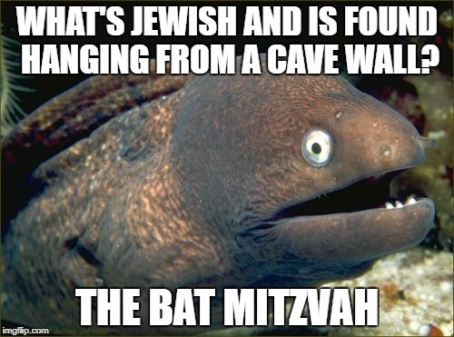 BJE | WHAT'S JEWISH AND IS FOUND HANGING FROM A CAVE WALL? THE BAT MITZVAH | image tagged in memes,bad joke eel,jewish | made w/ Imgflip meme maker