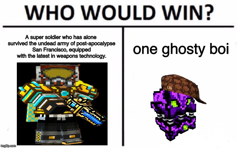 DYK: Some people still use these weapons? | A super soldier who has alone survived the undead army of post-apocalypse San Francisco, equipped with the latest in weapons technology. one ghosty boi | image tagged in memes,who would win,scumbag,funny,one boi | made w/ Imgflip meme maker