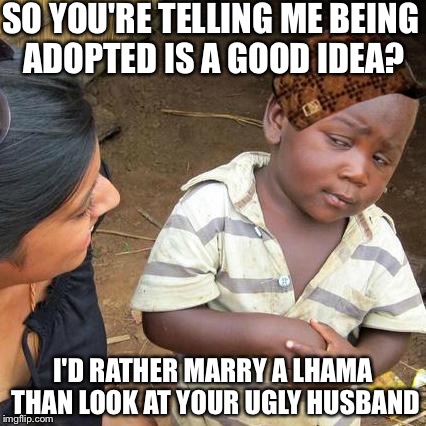 Third World Skeptical Kid | SO YOU'RE TELLING ME BEING ADOPTED IS A GOOD IDEA? I'D RATHER MARRY A LHAMA THAN LOOK AT YOUR UGLY HUSBAND | image tagged in memes,third world skeptical kid,scumbag | made w/ Imgflip meme maker