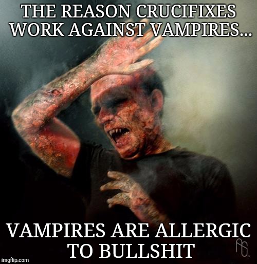burning vampire | THE REASON CRUCIFIXES WORK AGAINST VAMPIRES... VAMPIRES ARE ALLERGIC TO BULLSHIT | image tagged in burning vampire | made w/ Imgflip meme maker