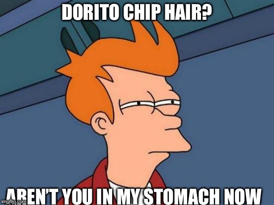 Meh you might get it | DORITO CHIP HAIR? AREN’T YOU IN MY STOMACH NOW | image tagged in memes,futurama fry | made w/ Imgflip meme maker