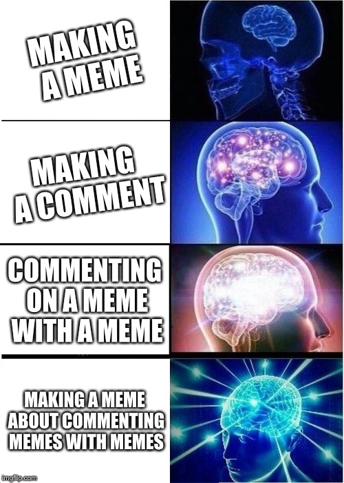 Know the difference, bud! | MAKING A MEME; MAKING A COMMENT; COMMENTING ON A MEME WITH A MEME; MAKING A MEME ABOUT COMMENTING MEMES WITH MEMES | image tagged in memes,expanding brain,meme comments,irony | made w/ Imgflip meme maker