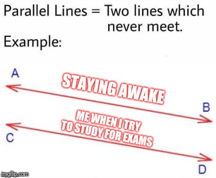 Oh boy, my exams are coming next week... | STAYING AWAKE; ME WHEN I TRY TO STUDY FOR EXAMS | image tagged in parellel lines,memes,exams,study | made w/ Imgflip meme maker